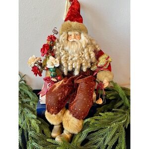 Vintage Santa Shelf/Book Sitter 23", Velvet, Old World Christmas Decor, Birdcage